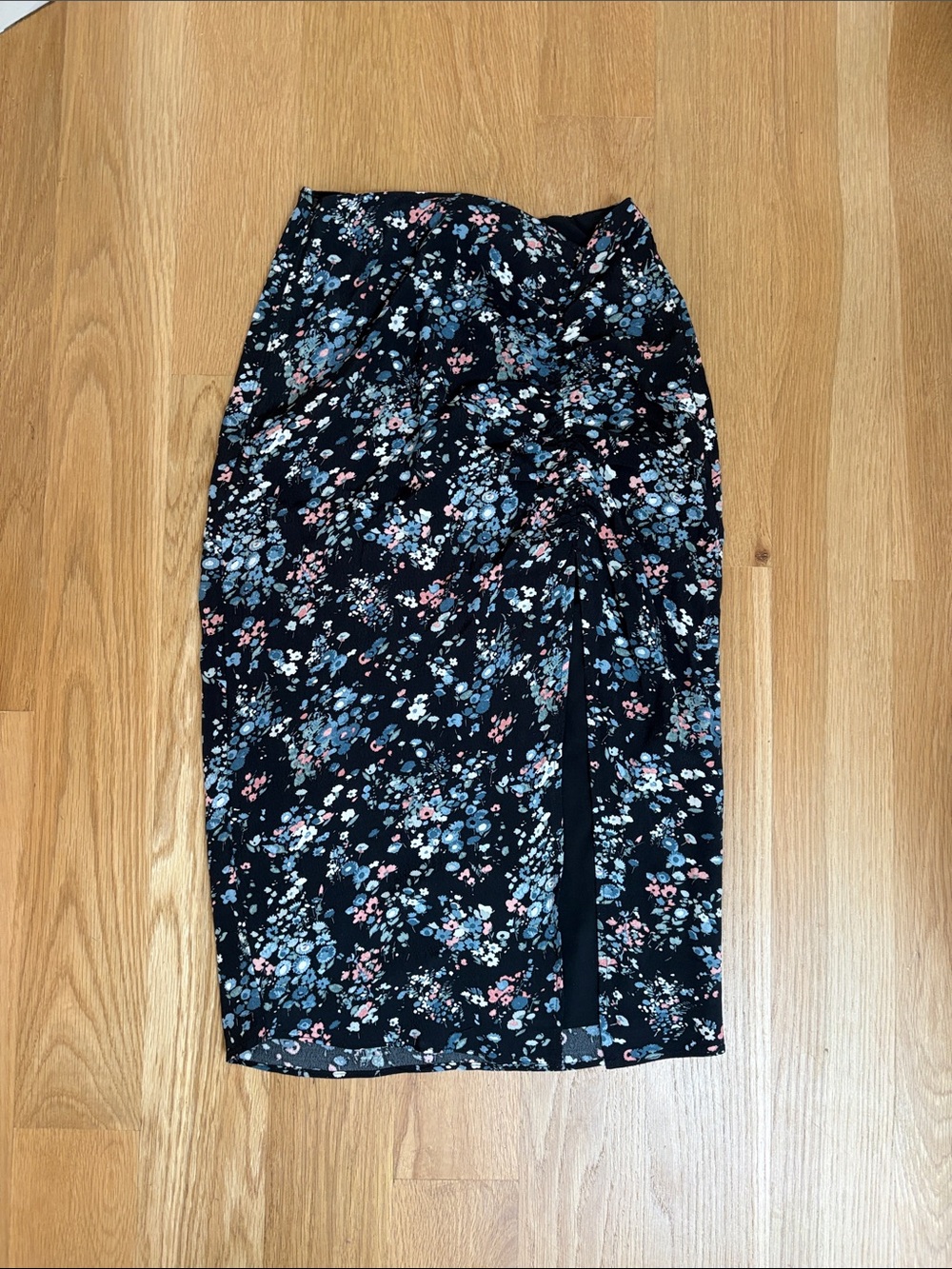 Abercrombie & Fitch Floral Midi Pencil Skirt in Black with Blue & Pink Print